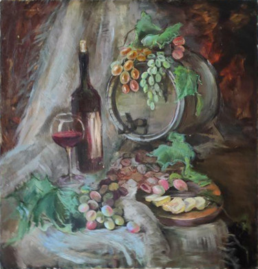 Peinture intitulée "Виноград с вином" par Agrafena Gandziuk, Œuvre d'art originale, Huile Monté sur Châssis en bois