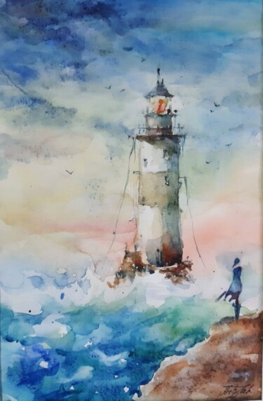 Schilderij getiteld "Lighthouse" door Artak Zakaryan, Origineel Kunstwerk, Aquarel