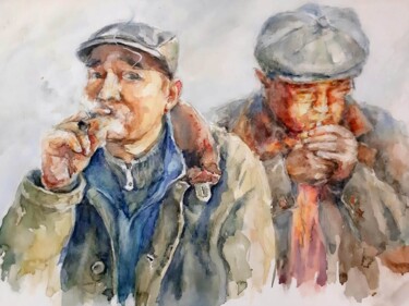 Painting titled "Smoke break" by Artak Zakaryan, Original Artwork, Watercolor