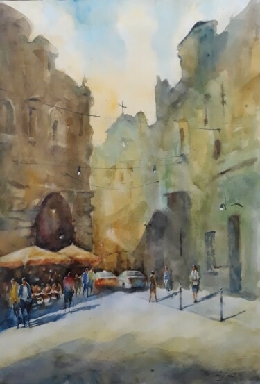 Malerei mit dem Titel "At the ancient fort…" von Artak Zakaryan, Original-Kunstwerk, Aquarell