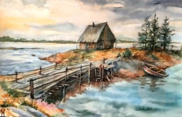 Painting titled "Old house by the ri…" by Artak Zakaryan, Original Artwork, Watercolor