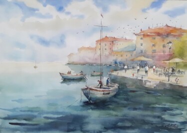Painting titled "Seaside town embank…" by Artak Zakaryan, Original Artwork, Watercolor