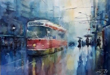 Pintura intitulada "Rain, old tram, eve…" por Artak Zakaryan, Obras de arte originais, Aquarela