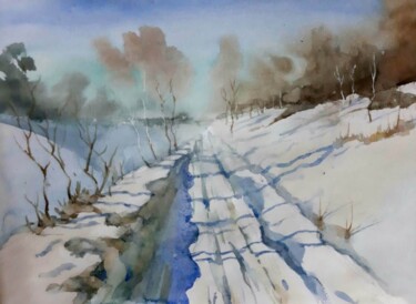 Painting titled "Winter Road" by Artak Zakaryan, Original Artwork, Watercolor
