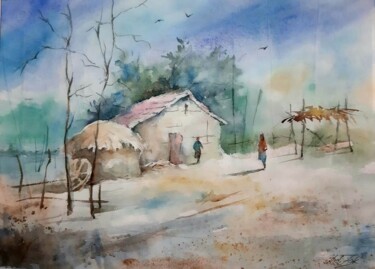 Malerei mit dem Titel "Summer hut" von Artak Zakaryan, Original-Kunstwerk, Aquarell