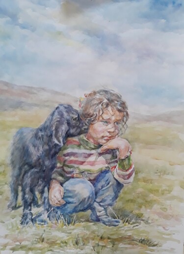 Painting titled "A boy with his best…" by Artak Zakaryan, Original Artwork, Watercolor