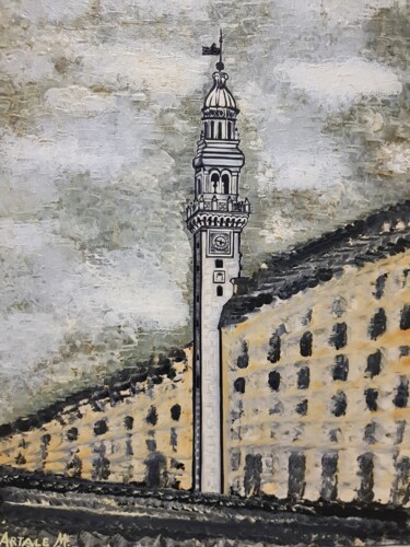 Painting titled "Torre civica di S.…" by Artale Marinella Artist, Original Artwork, Oil Mounted on Wood Stretcher frame