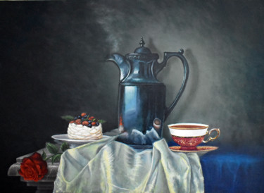 Malerei mit dem Titel "Горячий чай" von Alex Bond, Original-Kunstwerk, Öl