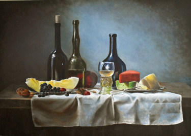 Peinture intitulée "три друга,сыр и дыня" par Alex Bond, Œuvre d'art originale, Huile