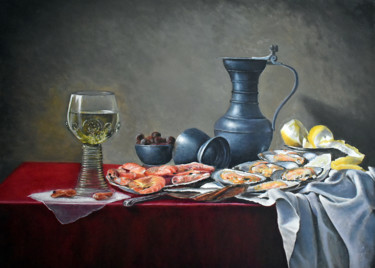 Картина под названием "Завтрак из мидий по…" - Alex Bond, Подлинное произведение искусства, Масло