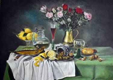 Schilderij getiteld "Roses, fish,lemon,…" door Alex Bond, Origineel Kunstwerk, Olie