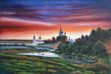 Painting titled "Temple by the river" by Alex Bond, Original Artwork, Oil