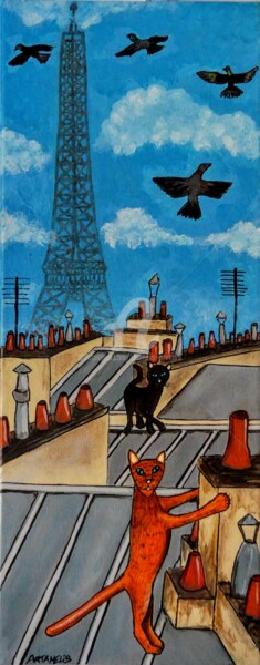 Painting titled "PARIS ENTRE CHATS" by Artamelis, Original Artwork, Acrylic Mounted on Wood Stretcher frame