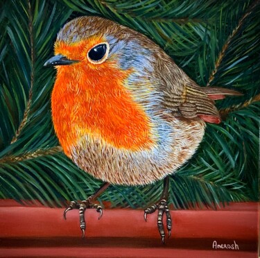 Painting titled "The Robin" by Anerosh, Original Artwork, Oil Mounted on Wood Panel