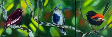 Painting titled "Le chant des oiseaux" by Anerosh, Original Artwork, Oil Mounted on Wood Panel