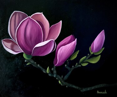 Painting titled "Magnolia" by Anerosh, Original Artwork, Oil Mounted on Wood Panel