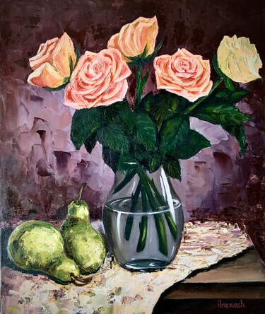 Картина под названием "Roses et poires" - Anerosh, Подлинное произведение искусства, Масло Установлен на Деревянная панель