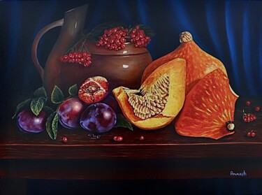 Painting titled "Citrouilles et prun…" by Anerosh, Original Artwork, Oil Mounted on Wood Panel