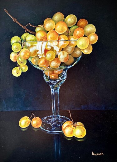 Malerei mit dem Titel "La grappe de raisins" von Anerosh, Original-Kunstwerk, Öl Auf Holzplatte montiert