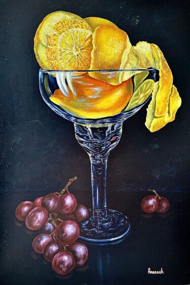 Malerei mit dem Titel "Raisins et citrons" von Anerosh, Original-Kunstwerk, Öl Auf Holzplatte montiert
