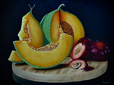 Painting titled "Melon et prunes" by Anerosh, Original Artwork, Oil Mounted on Wood Panel