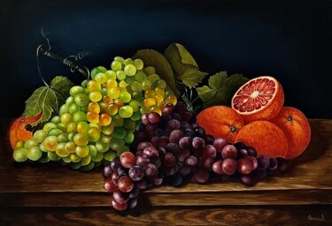 Painting titled "Nature morte aux ra…" by Anerosh, Original Artwork, Oil Mounted on Wood Panel