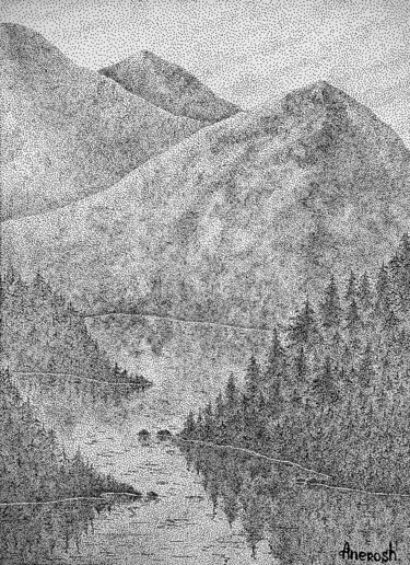 Tekening getiteld "Mountain Lake" door Anerosh, Origineel Kunstwerk, Inkt