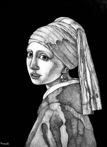 Drawing titled "Girl With A Pearl E…" by Anerosh, Original Artwork, Ink