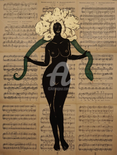 Pintura intitulada "Girl with a snake" por Anastasia Balabina, Obras de arte originais, Guache