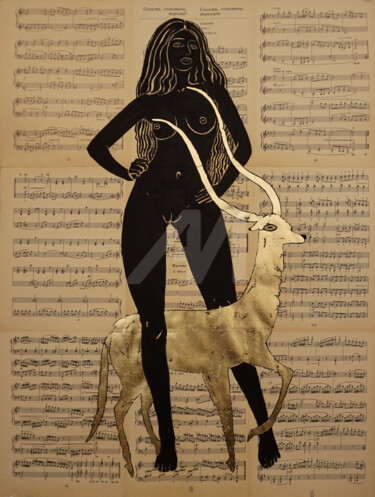 Girl and Golden Antelope Painting titled "Girl and Golden Ant…" by Anastasia Balabina, Original Art, Gouache