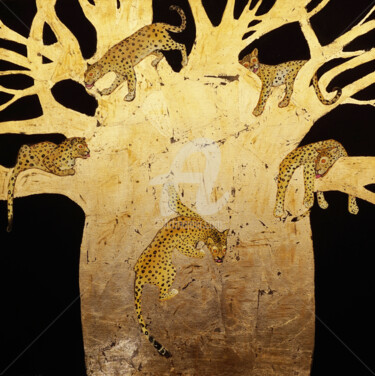 Pittura intitolato "Leopards on a golde…" da Anastasia Balabina, Opera d'arte originale, Olio
