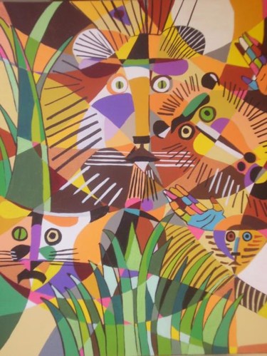Peinture intitulée "les felins et le ba…" par Beatrice Mosseron, Œuvre d'art originale
