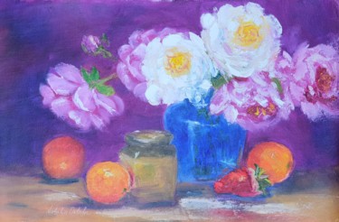 Pink and white peonies with oranges still life oil pain ing Картина под названием "Pink and white peon…" - Natalia Oelofse, Подлинное произведение искусства, Масло
