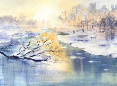 Painting titled "Sunrise in the park" by Anna Boginskaia, Original Artwork, Watercolor