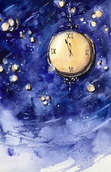 Painting titled "New year clock" by Anna Boginskaia, Original Artwork, Watercolor