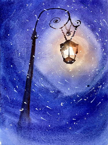 Painting titled "Lantern in snow" by Anna Boginskaia, Original Artwork, Watercolor