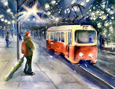 Painting titled "New years tram" by Anna Boginskaia, Original Artwork, Watercolor