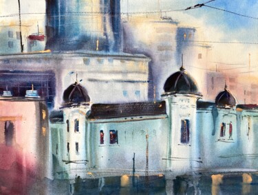 Pintura intitulada "City corner" por Anna Boginskaia, Obras de arte originais, Aquarela