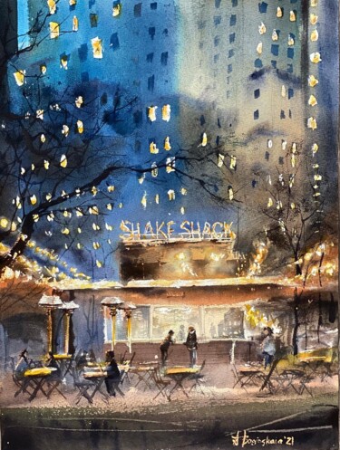 Pintura intitulada "NYC cafe" por Anna Boginskaia, Obras de arte originais, Aquarela