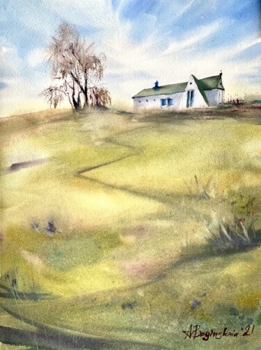 Painting titled "White house on a hi…" by Anna Boginskaia, Original Artwork, Watercolor