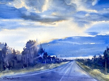 Painting titled "Road at twilight" by Anna Boginskaia, Original Artwork, Watercolor