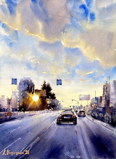 Painting titled "Road to the West" by Anna Boginskaia, Original Artwork, Watercolor