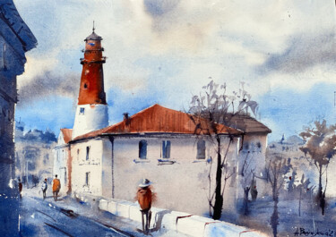 Painting titled "Lighthouse Pillau" by Anna Boginskaia, Original Artwork, Watercolor