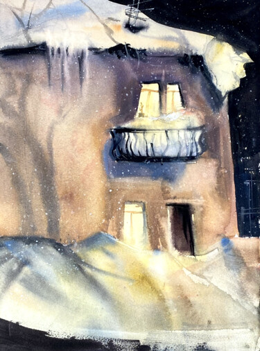 Pittura intitolato "Balcony of snow" da Anna Boginskaia, Opera d'arte originale, Acquarello