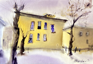 Schilderij getiteld "Small yellow houses" door Anna Boginskaia, Origineel Kunstwerk, Aquarel