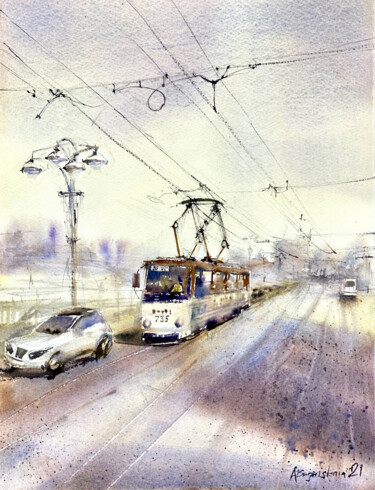 Painting titled "Tram 5" by Anna Boginskaia, Original Artwork, Watercolor