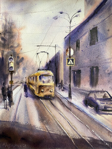 Painting titled "Tram 25" by Anna Boginskaia, Original Artwork, Watercolor