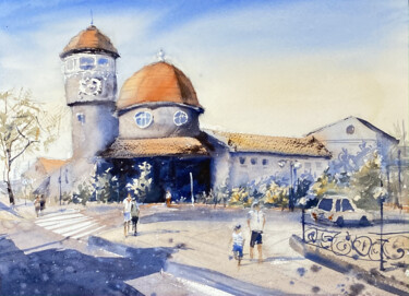 Schilderij getiteld "Water tower in Svet…" door Anna Boginskaia, Origineel Kunstwerk, Aquarel