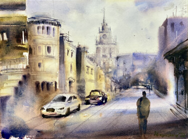 Painting titled "Quiet street" by Anna Boginskaia, Original Artwork, Watercolor