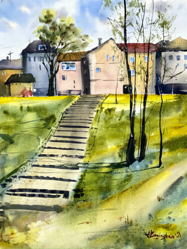 「Houses in Kaliningr…」というタイトルの絵画 Anna Boginskaiaによって, オリジナルのアートワーク, 水彩画